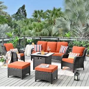 Eclogue Brown 6-Pcs Wicker Outdoor Patio Fire Pit Seating Sofa Set and with Orange Red Cushions