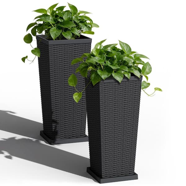 Tozey Rattan Texture Black Outdoor Resin Tapered Planter Set with