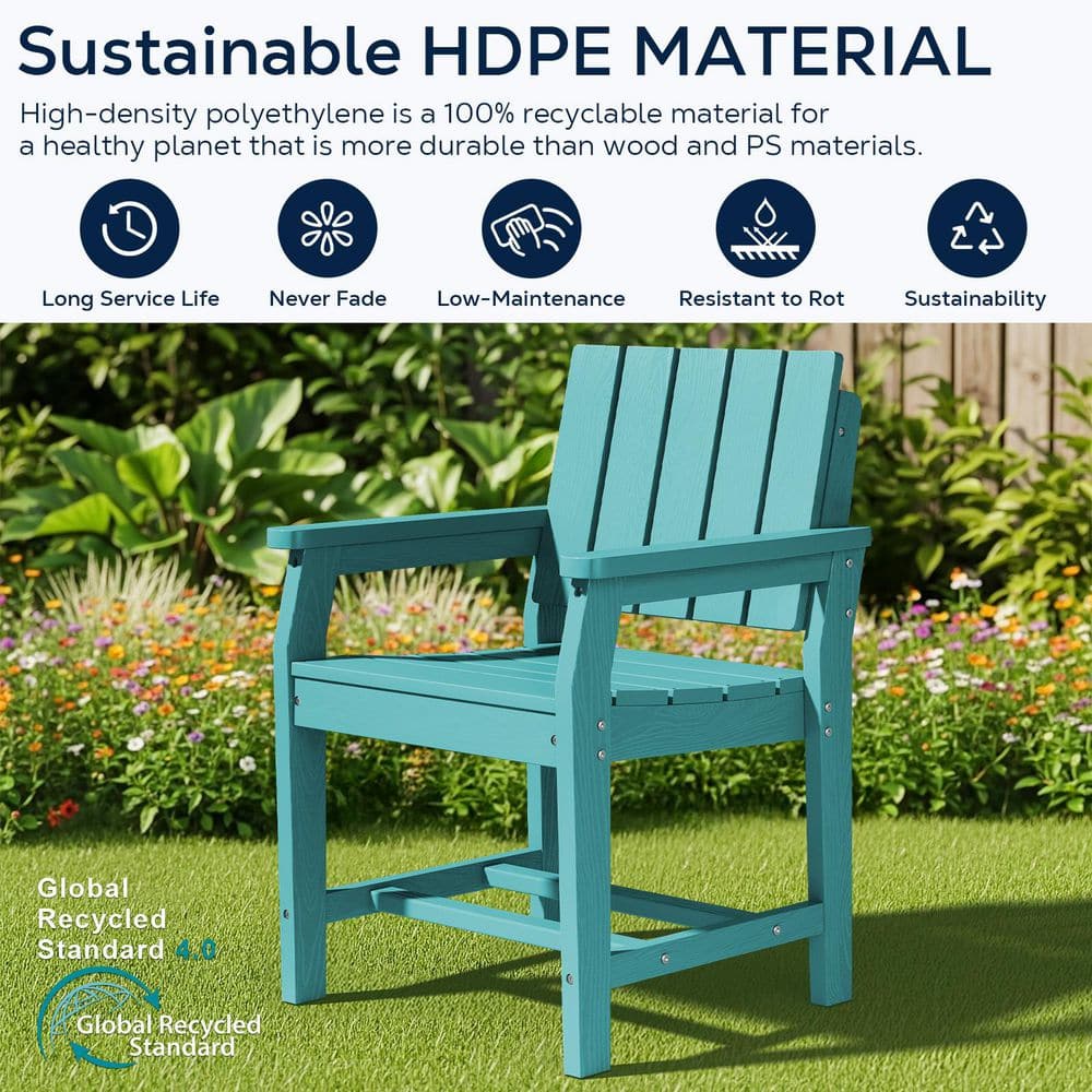 Peacock blue HDPE outdoor dining chair on a green lawn.
