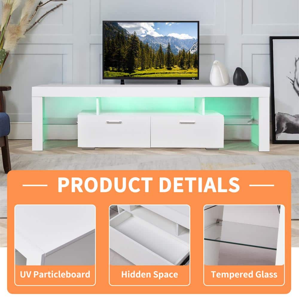 White Wood TV Stand with LED Lights and Storage for 75 inch TV