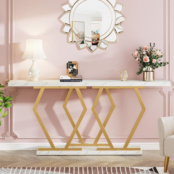 BYBLIGHT Turrella 70.9 in. White and Gold Elegant Entryway Table, Rectangle Faux Marble Top Console Table with Geometric Frame