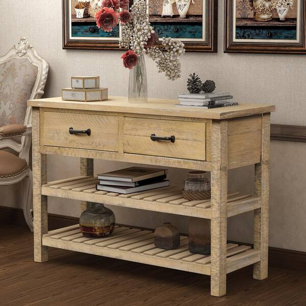 Harper & Bright Designs Yellow Antique Console Table with Drawers and 2-Tiers Shelves