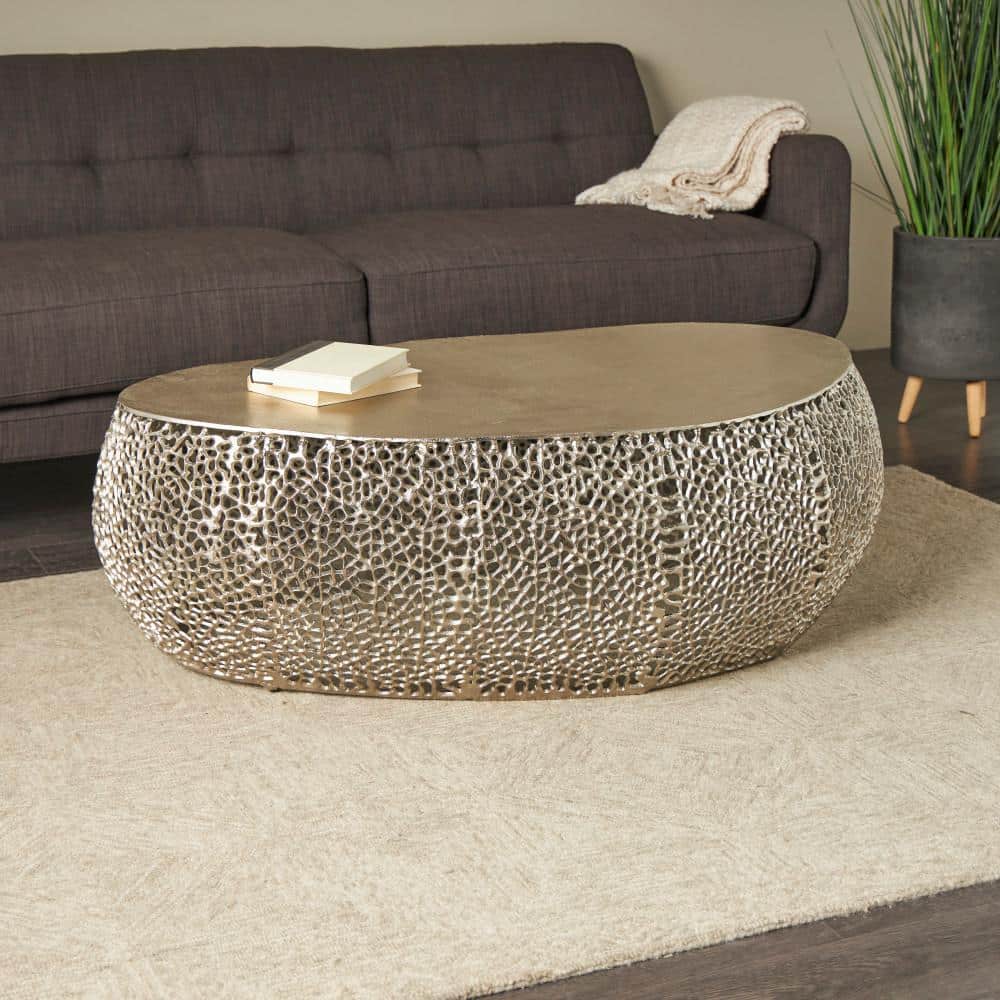 Litton Lane 51 in. Silver Abstract Oval Metal Coffee Table with Open Lattice Work 044291 - The ...