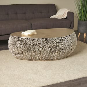 51 in. Silver Abstract Oval Metal Coffee Table with Open Lattice Work