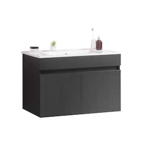 30 in. W Single Sink Wall Mounted Bath Vanity in Black with White Ceramic Top