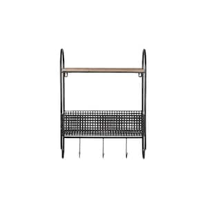 20 in. H x 15 in. W x 6 in. D Black Metal Wall Organizer with Basket and 3 Hooks