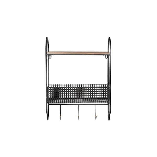 StyleWell 20 in. H x 15 in. W x 6 in. D Black Metal Wall Organizer with Basket and 3 Hooks