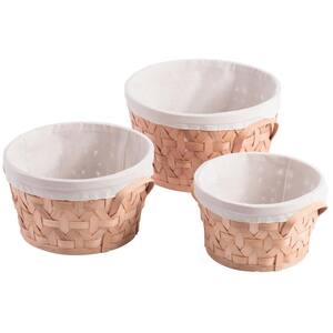 Wooden Round Display Basket Bins, Lined with White Fabric, Food Gift Basket (Set of 3)