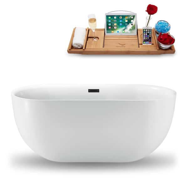 Streamline 59 in. Acrylic Flatbottom Non-Whirlpool Bathtub in Glossy White with Matte Black Drain and Overflow Cover