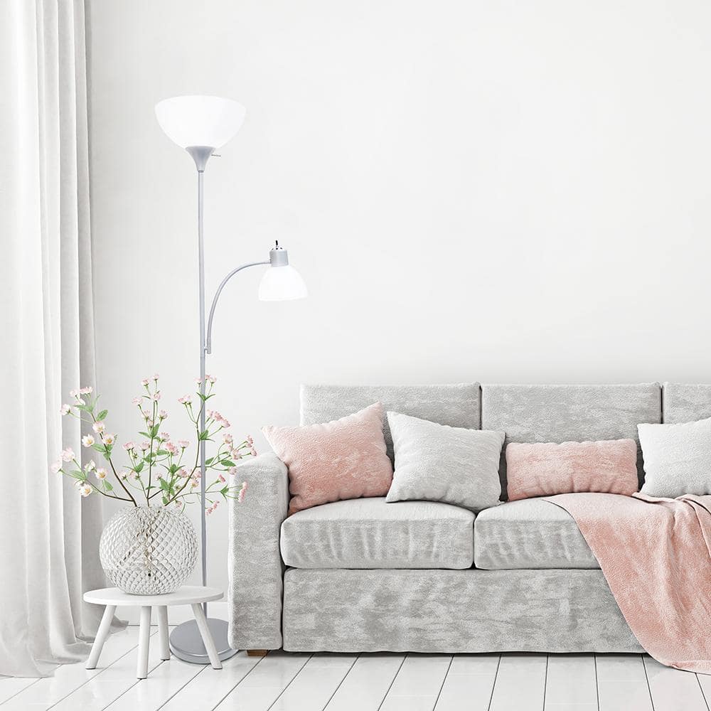 Adjustable White and Silver Metal Floor Lamp with Lampshade