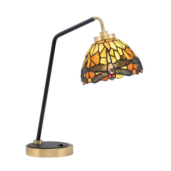 Toltec Lighting Delgado 16.5 in. Matte Black and New Age Brass Desk Lamp with Amber Dragonfly Art Glass