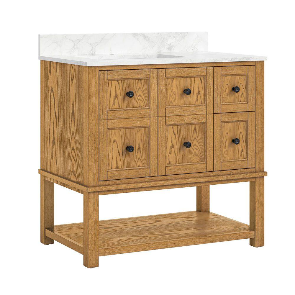 36 in. W Single Sink Freestanding Brown Bath Vanity with White Engineered Stone Top, Open Shelves, and Backsplash price history on PriceWatchPro
