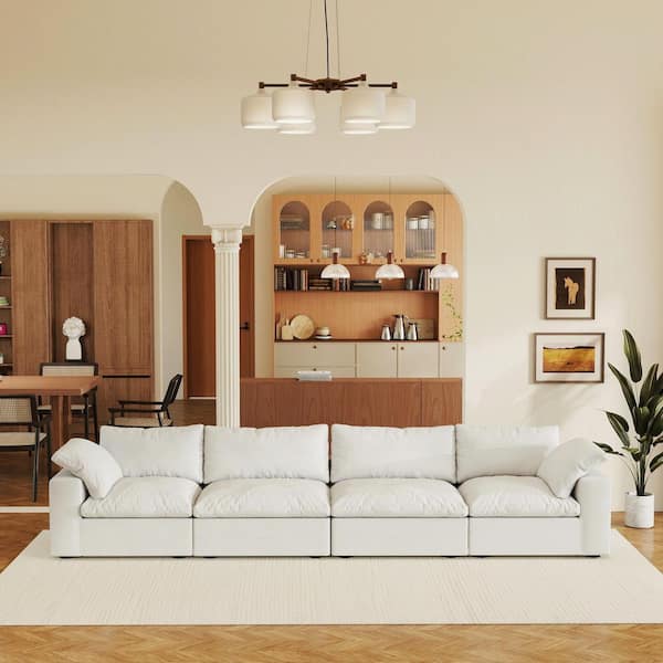 118 in. Square Arm 4-Piece Linen L-shaped Sectional Sofa Corner Cloud Couch in. White