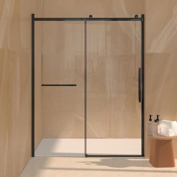 JimsMaison 60 in. W x 76 in. H Sliding Semi-Frameless Shower Door in Matte Black Finish with Tempered Glass