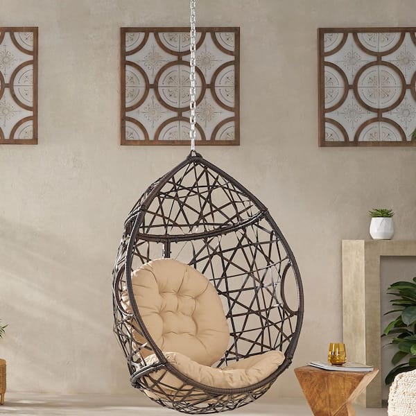 Coporesell 1-Person Egg Swing Chair Brown Metal Outdoor Patio Hanging Chair with BrownCushion