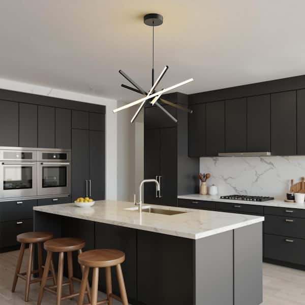 YANSUN 5-Light Black Modern LED Chandelier, Linear Pendant