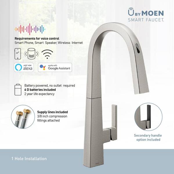 Moen U Nio Single Handle Pull Down Sprayer Smart Kitchen Faucet With Voice Control In Spot Resist Black Stainless S75005evbls The Home Depot