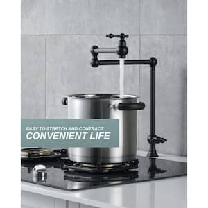 Matte Black Deck Mounted Pot Filler with Double Handle Swing Folding Faucet in Solid Brass
