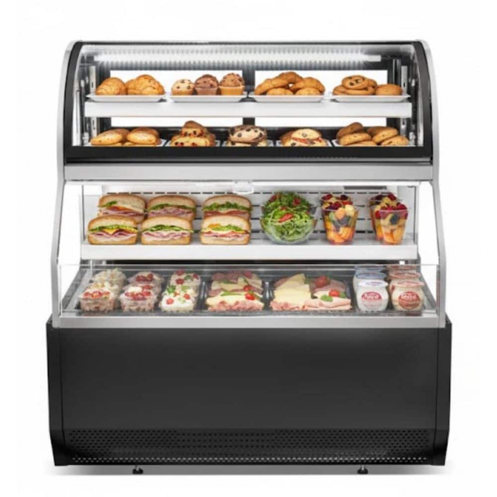 48 in. 15.7 cu. ft. Double-Deck Open Display Refrigerated Showcase with Curved Glass Door Bakery Display in Black