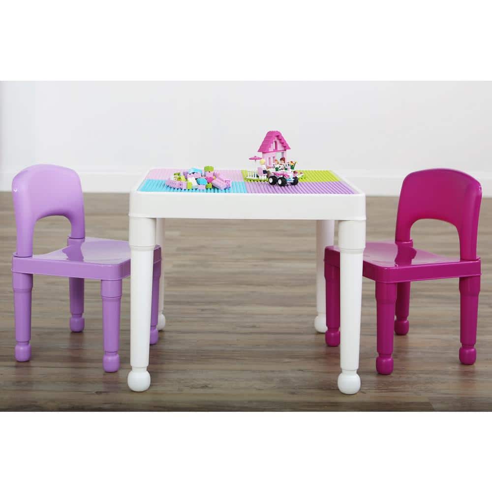Playtime 3-Piece White/Pink/Purple 2-in-1 Plastic Lego-Compatible Kids Activity Table and 2-Chairs Set