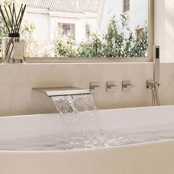 3-Handle Wall Mount Waterfall Roman Tub Faucet 5.6 GPM with Hand Shower in Brushed Nickel (Valve Included)