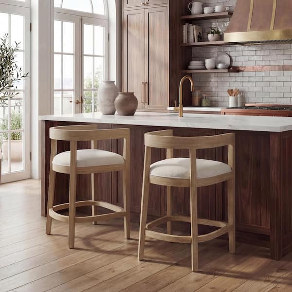 Curved 33 in. H Light Ash Low Back Solid Rubber Wood Counter Stool with Fabric Upholstered Seat (Set of 2)