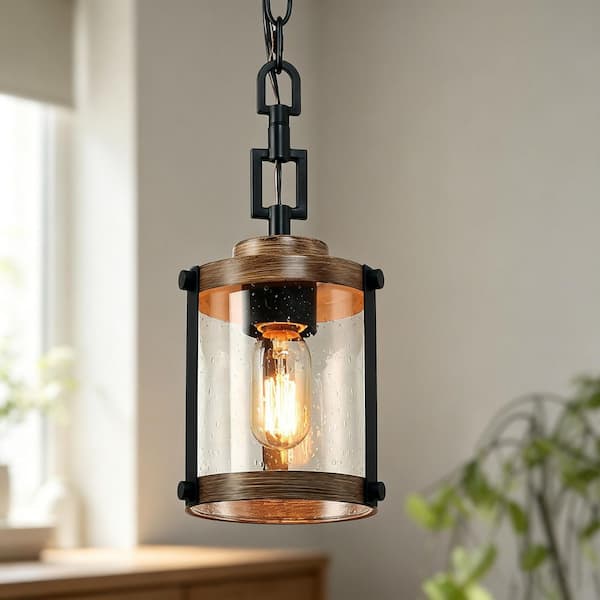 Modern Farmhouse Brown Chandelier 1-Light 6 in. Black Drum Mini Island Pendant Light with Seeded Glass Shades