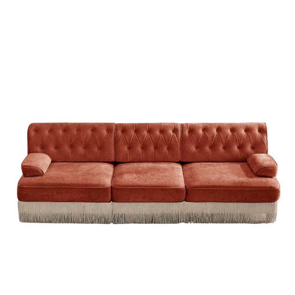 Modular 3-Seat Velvet Sofa with Button Tufted Design and Tassel Fringe Skirt in Red Brown durable construction