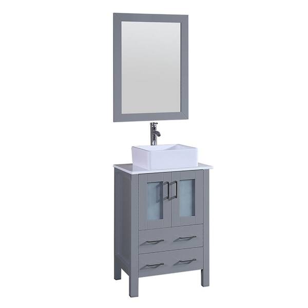 Bosconi 24 in. W Single Bath Vanity with Pheonix Stone Vanity Top in White with White Basin and Mirror
