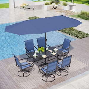 Black 8-Piece Metal Patio Outdoor Dining Set with Rectangle Table, Blue Umbrella and Padded Blue Textilene Swivel Chairs