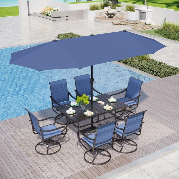PHI VILLA Black 8-Piece Metal Patio Outdoor Dining Set with Rectangle Table, Blue Umbrella and Padded Blue Textilene Swivel Chairs