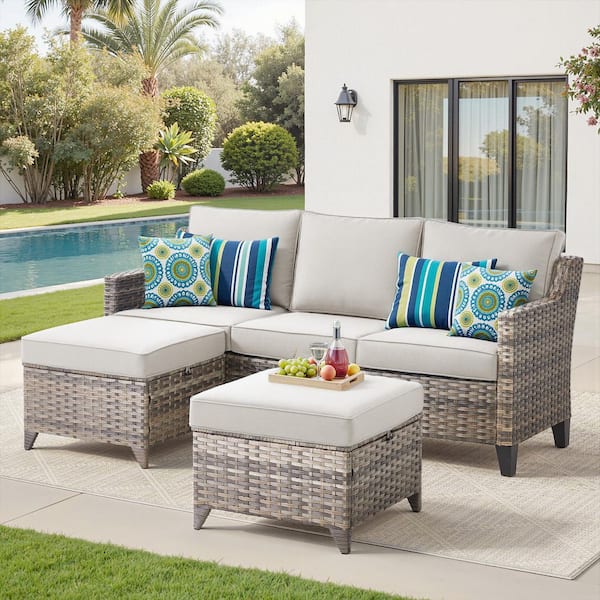 3-Piece Metal and Wicker Outdoor Sofa Couch Set with Ottomans, Patio Conversation Set with Beige Cushions