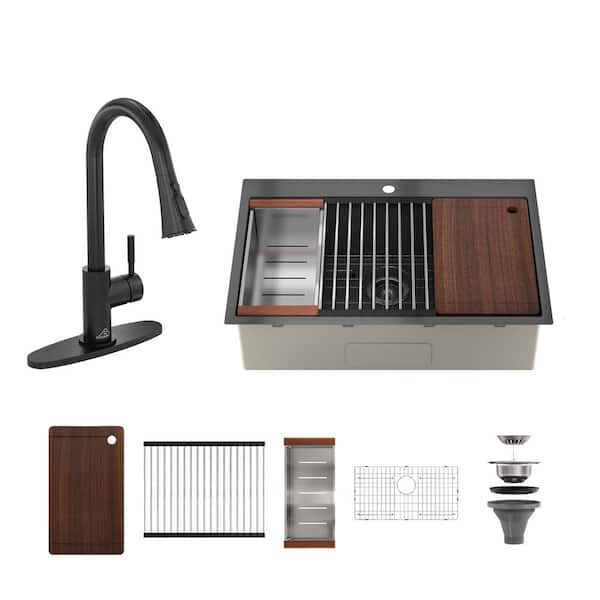 33 in. Drop-In Single Bowl 18 Gauge Gunmetal Black Stainless Steel Kitchen Sink with Pull Down Faucet with Accessories