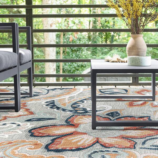 Tayse Rugs Tropic Floral Gray 2 ft. x 3 ft. Indoor/Outdoor Area Rug