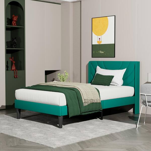 VECELO Upholstered Bed Green Metal Frame Twin Platform Bed