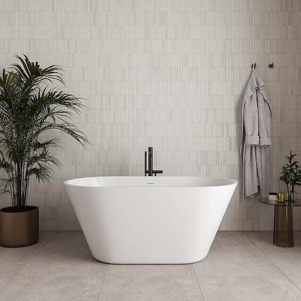 54 in. x 30 in. Acrylic Freestanding Soaking Bathtub in Glossy White with Brushed GunMetal Drain