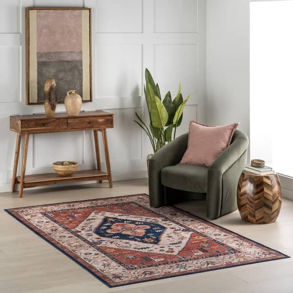 Tribal Medallion Spill Proof Washable Rust 9 ft. x 12 ft. Indoor Area Rug