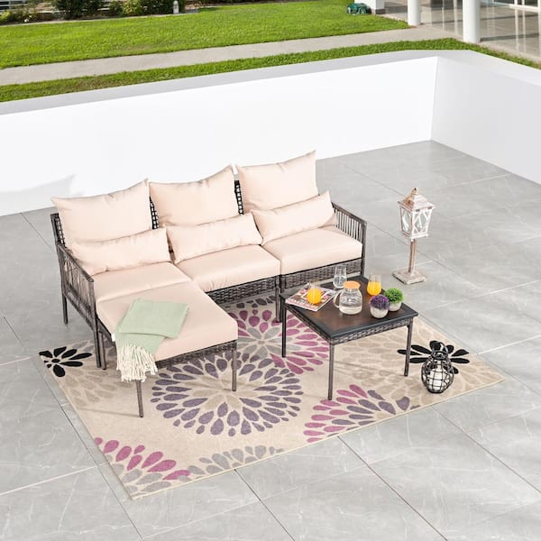 5-Piece Wicker Outdoor Conversation Set with Beige Cushions