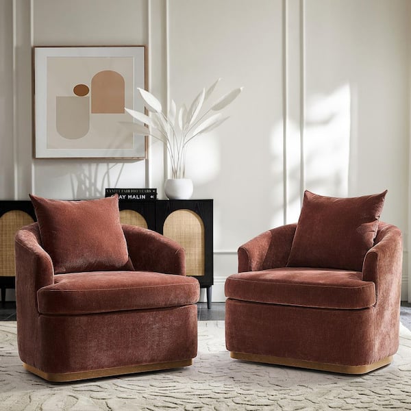 Irene Rust Polyester Swivel Armchair with Solid Wood Legs Set of 2