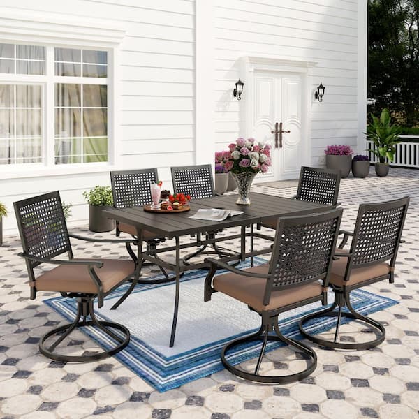 PHI VILLA 7-Piece Metal Patio Outdoor Dining Set with Slat Table and Bull's Eye Pattern Swivel Chairs with Beige Cushions
