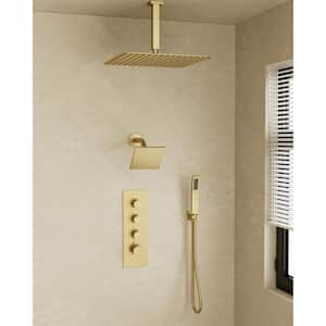 Thermostatic Valve 7-Spray 16 in. and 6 in. Dual Ceiling Mount Shower Head and Handheld Shower in Brushed Gold