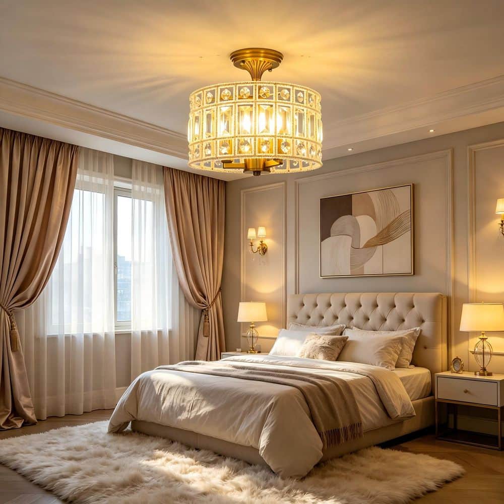 11.81 in. 3-Light Bronze Gold Crystal Rice Pearl Semi Flush Mount Chandelier, Round Close to Ceiling Hanging Light price history on PriceWatchPro