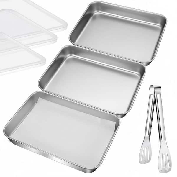 Silver Stainless Steel Breading Tray Set with Tong Oven Safe Dishwasher Safe Flat Bottom Easy Clean Rounded Edges, 3Pcs