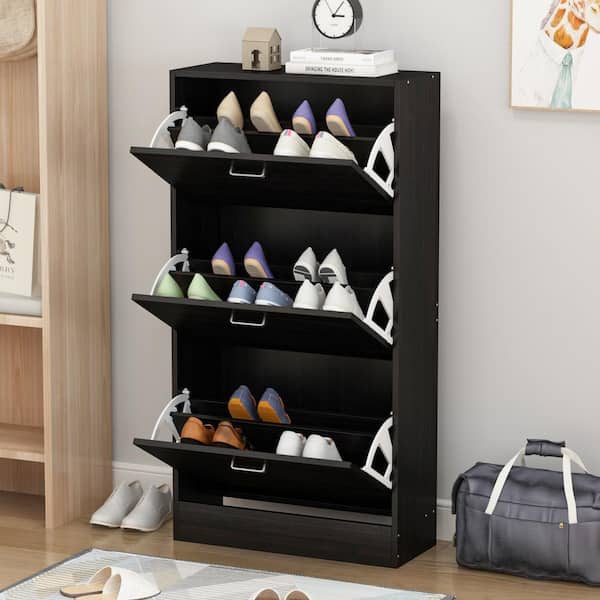 FUFU&GAGA 23.6 in. W x 45.5 in. H Black Wood 18-Pair Wood Shoe Storage Cabinet with 6-Foldable Compartments