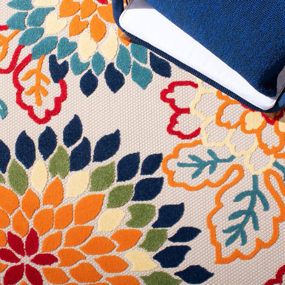 Ivory and Orange Floral Synthetic Rectangular Rug, 5'3" x 7'6"