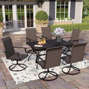 7-Piece Patio Outdoor Dining Set with Rectangle Slat Table and Rattan Swivel Chair