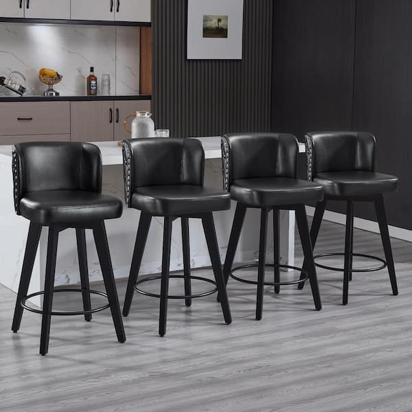 27.5 in. Black Faux Leather Upholstered Wooden Counter Height Bar Stool Swivel Counter Stool (Set of 4)