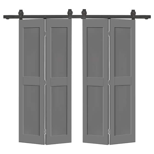 56 in. x 84 in. 2 Panel Shaker Hollow Core Light Gray Composite Double Bi-fold Door with Barn Door Hardware Kit