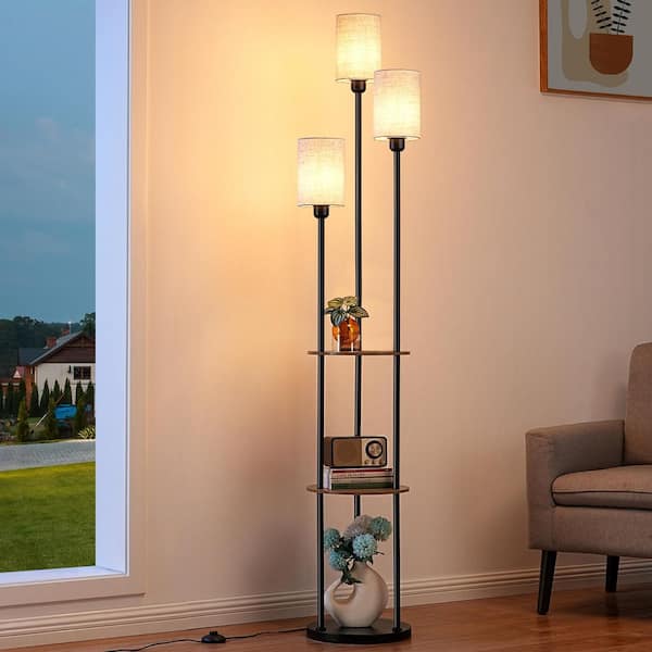 70 in. Black 3-Light Tree Floor Lamp with Multi-Height Shades