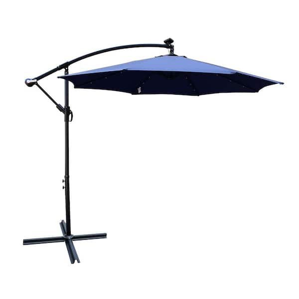 Huluwat 10 ft. Outdoor Steel Market Patio Umbrella in Navy Blue with Solar LED Lights and Cross Base